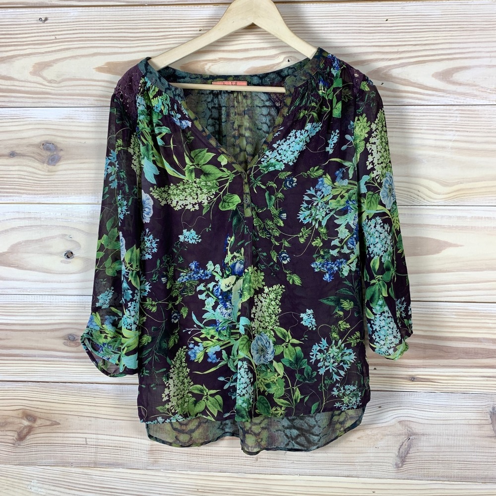 Olive Hill Blouse Womens Medium Dark Floral Sheer Lace Henley Whimsigoth Boho‎